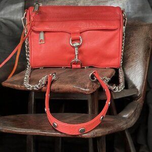 Rebecca Minkoff Red Leather Mini Mac Crossbody Bag Silver Chain Strap Designer